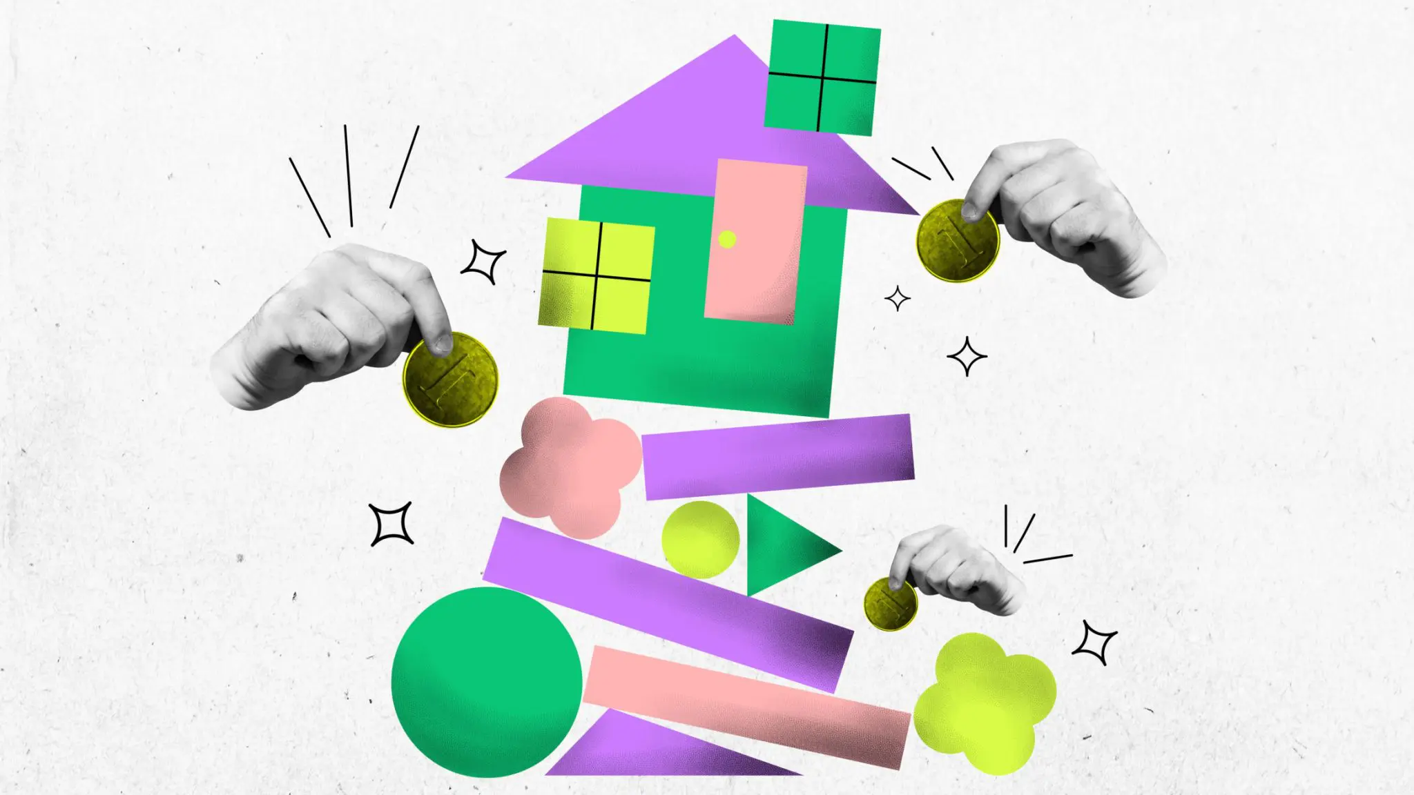Colorful abstract house with hands and coins.