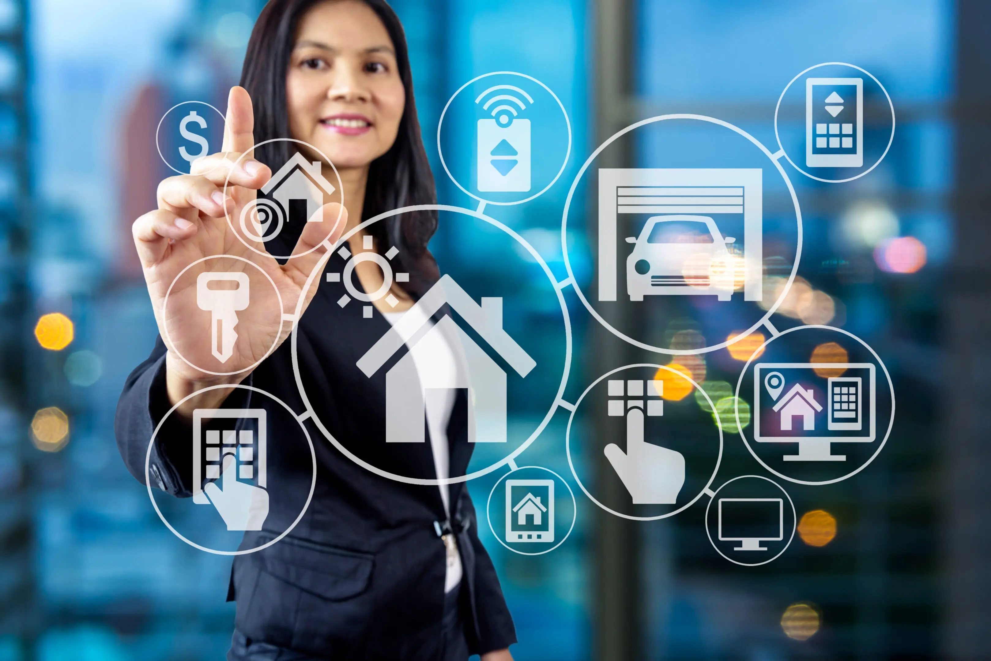 Woman interacting with smart home technology icons.