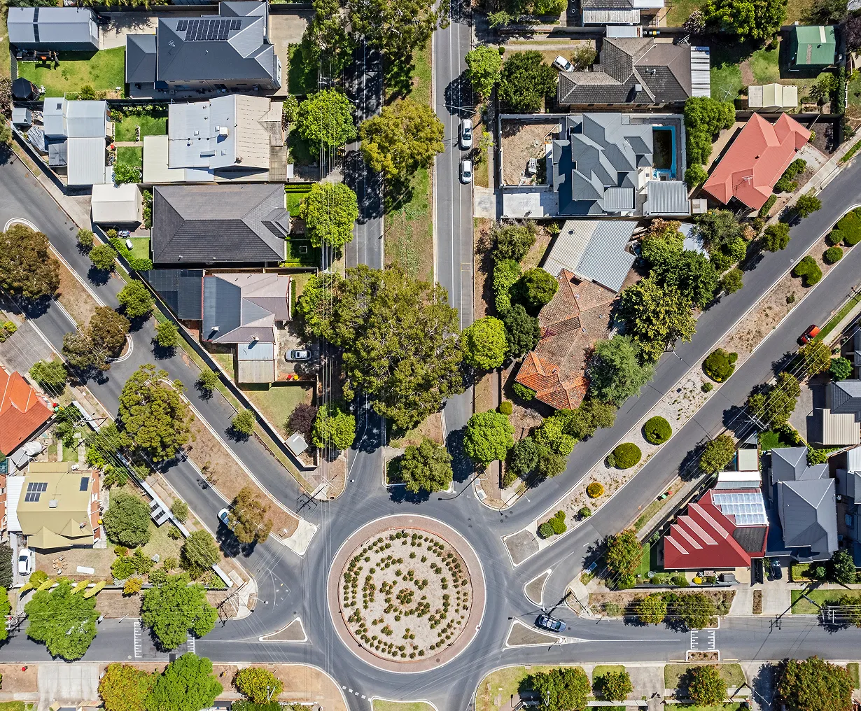 Aerial view of suburban roundabout