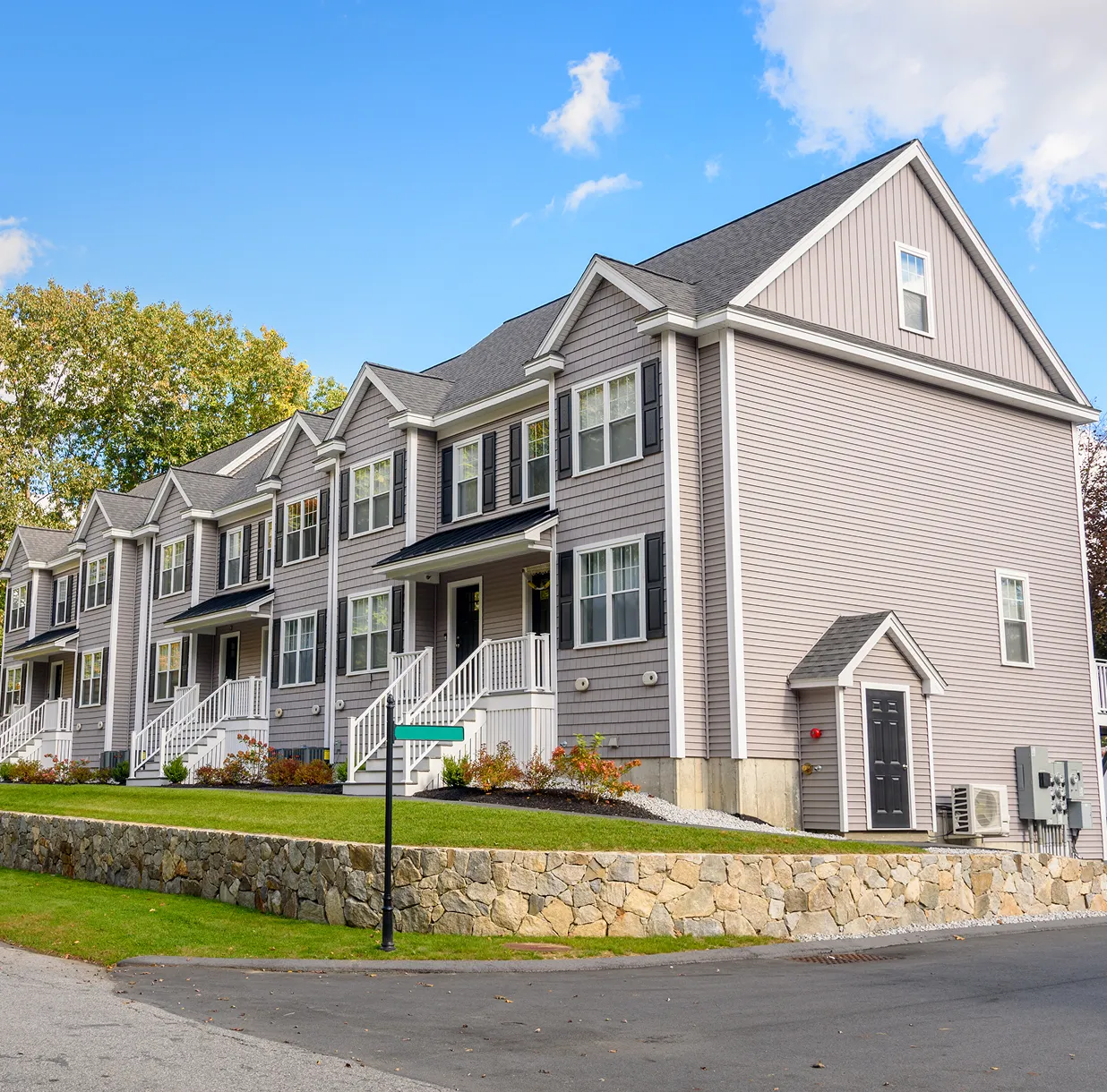 Residential neighborhood with stone wall