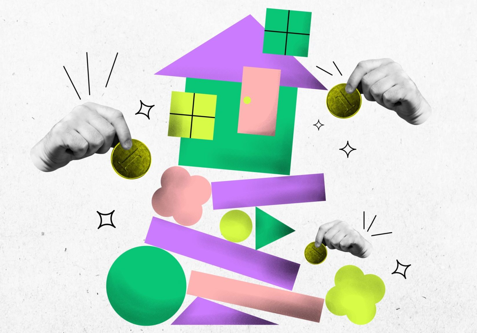 Colorful abstract house with hands and coins.